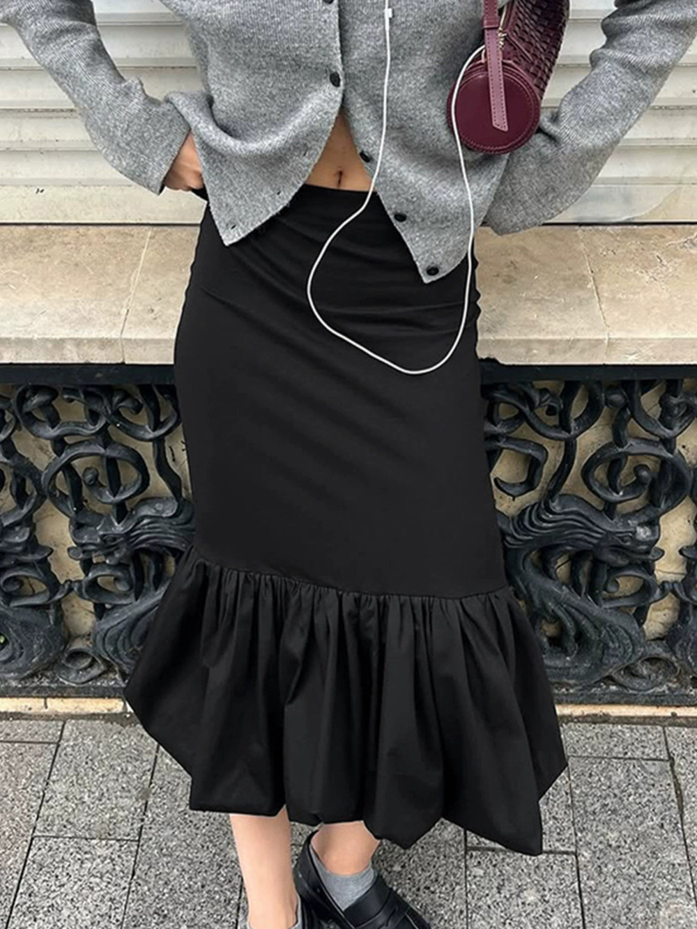 Forever 21 Patchwork Black Bubble Midi Skirt Autumn